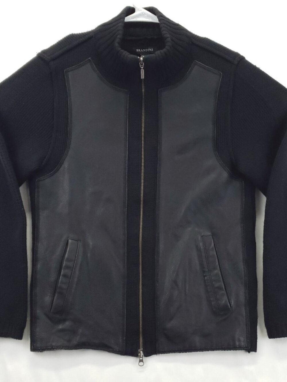 Brandini Jacket Sweater Mens S Black Leather Wool Grandpa Cardigan Full Zip